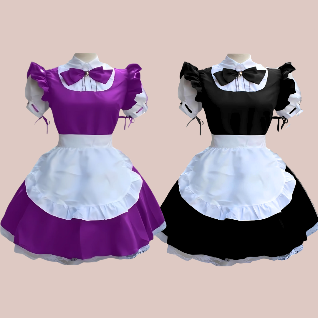 The purple and black version of the maids dress, showing a full skirted dress with puffed, flounced sleeves, high neck collar with purple or black bow and half waist apron.It also shows the back of the dress.