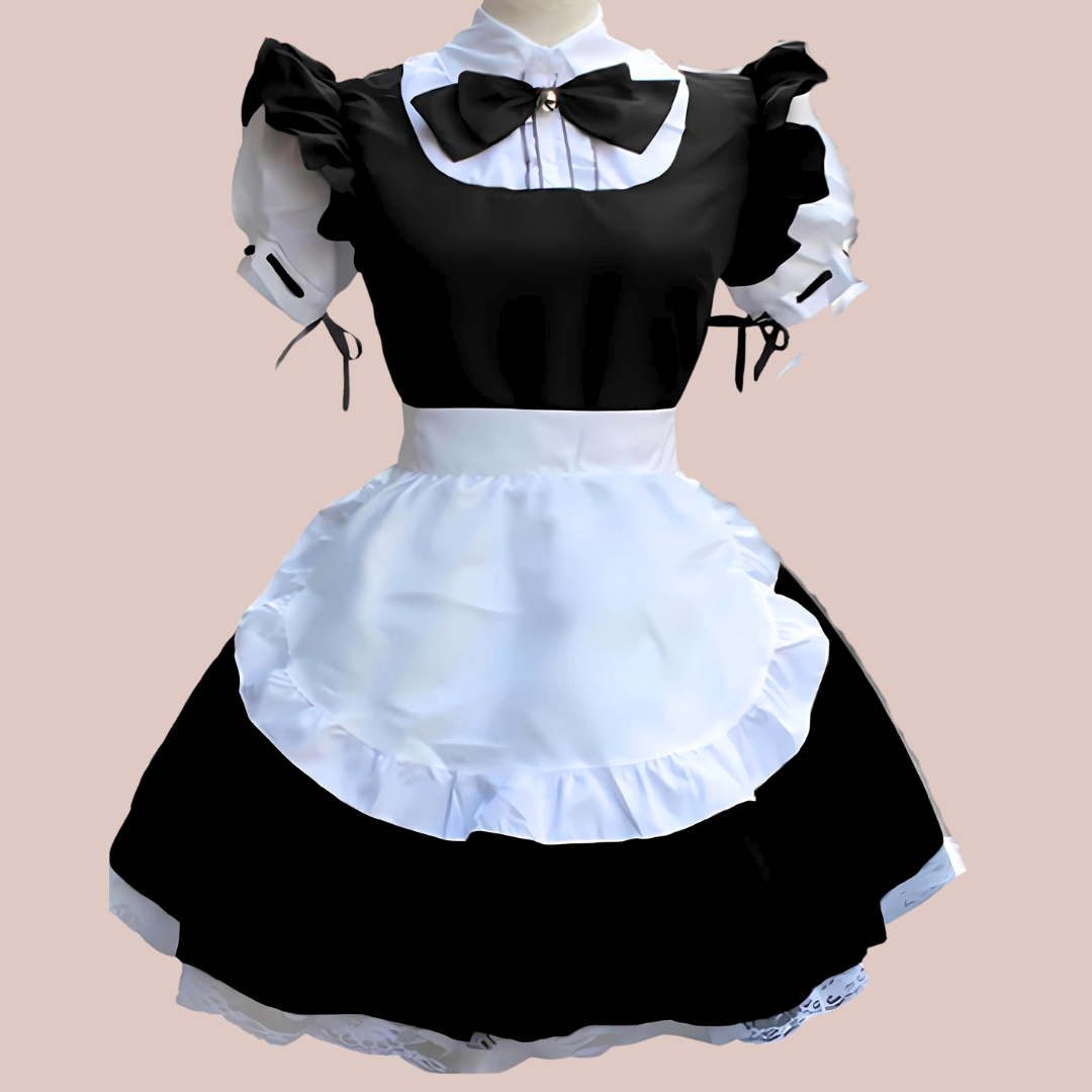 The black version of the maids dress, showing a full skirted dress with puffed, flounced sleeves, high neck collar with purple bow and half waist apron.It also shows the back of the dress.