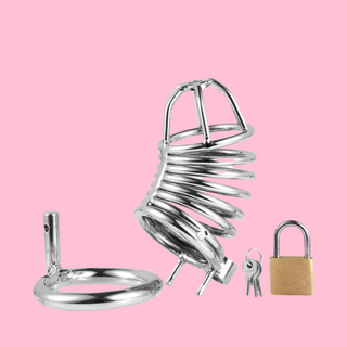 Showing each element that makes up the kit for this chastity cage, please note that three base rings will be included.