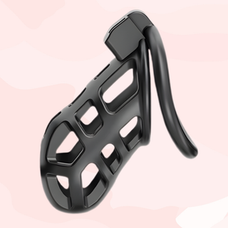 A side profile of the fully assembled chastity cage, the black colouring throughout the cage and base ring is shown.