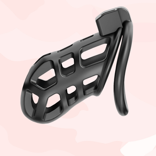 A side profile of the Confiscator chastity cage, the angled base ring can be clearly seen