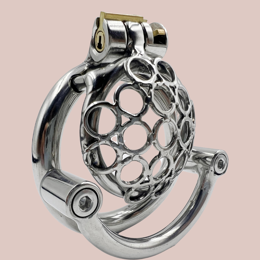 A side view of The Embranglement from House Of Chastity, you can see the domed cage and Allen key affixed bar.
