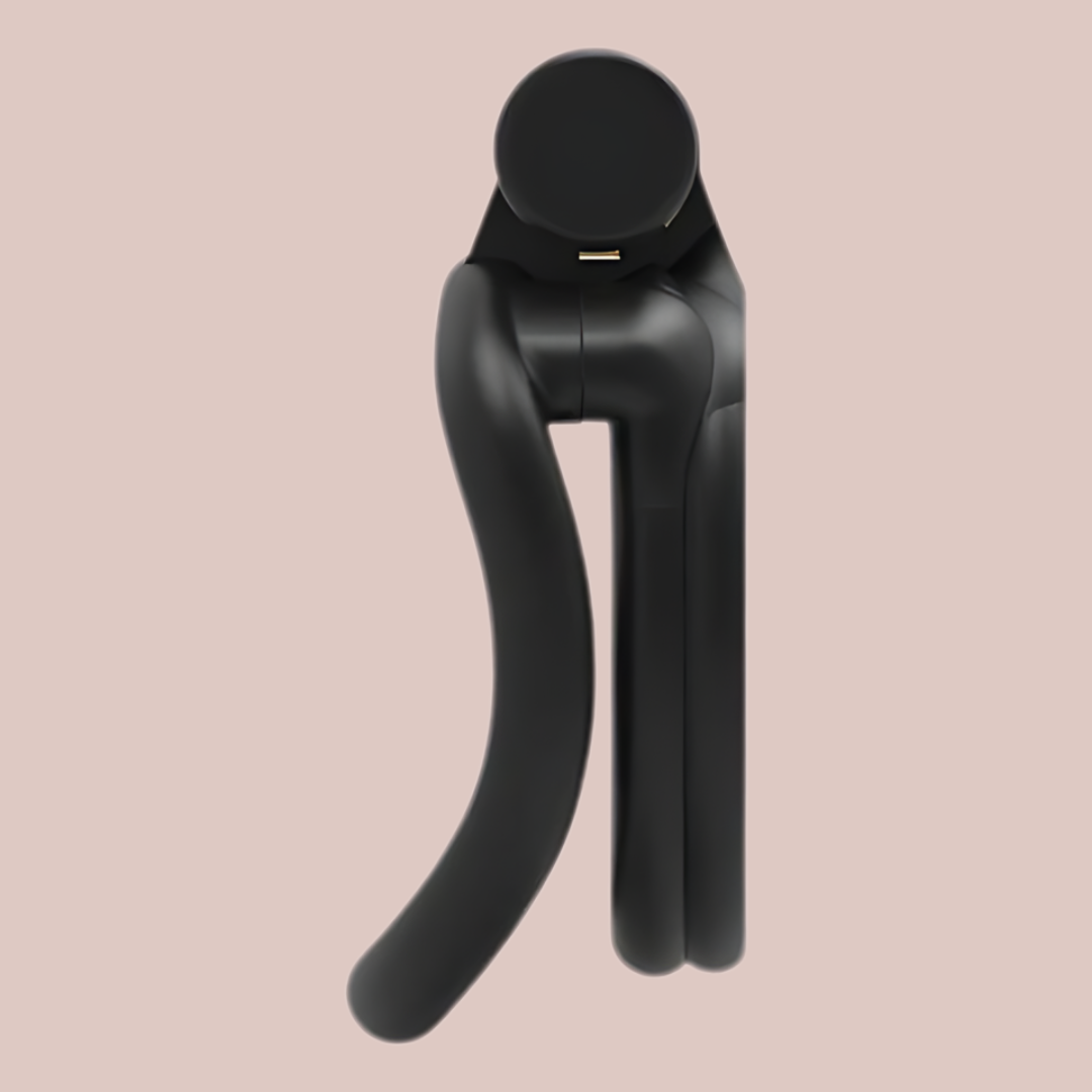 An alternate view of the Flat Gatling Black with curved base rings, it shows just how flat the chastity cage is when fixed to its base ring.