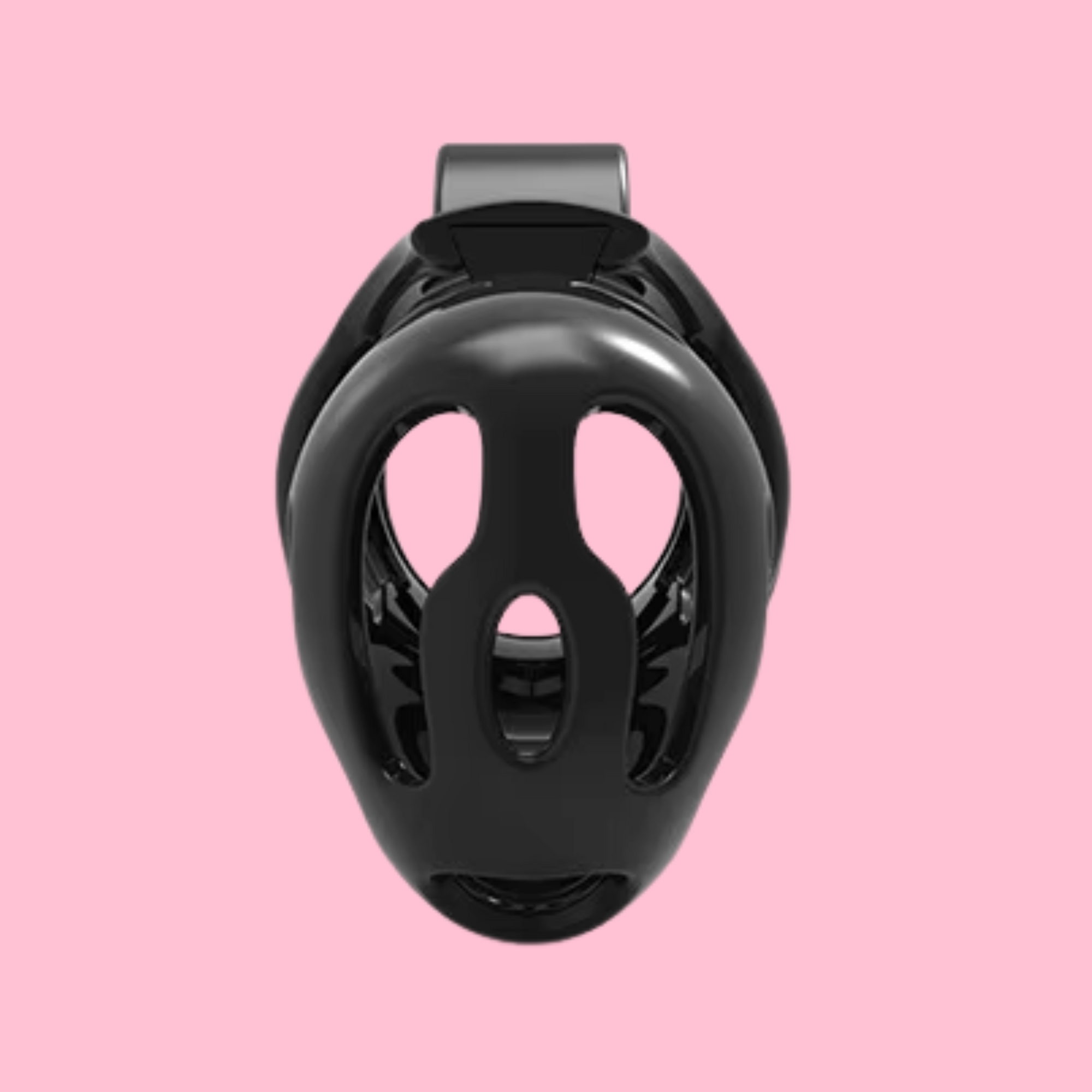 A front view of The Ghost C chastity cage, you can see the cut out design to the cage body and the drop front to the cage.