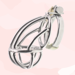 A side view of the chastity cage, the angled design of the cage is clear to see.