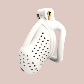 The Hornet chastity cage shown here in white with a curved base ring.
