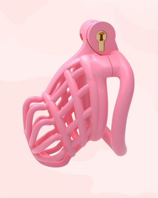 A side view of The Jurassic chastity cage in pink, the curved base ring is fixed in place.