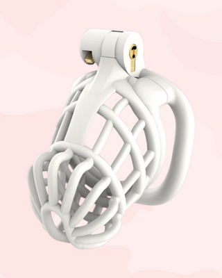 The Jurassic Chastity Cage in white, the cage is shown fully assembled with the integral lock in place.