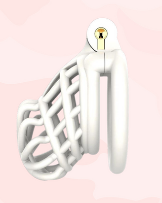 A side view of the Jurassic Chastity Cage in white, it is shown with the white base ring fixed in place.
