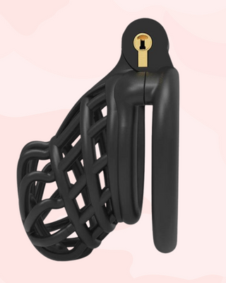 The Jurassic Chastity Cage in black, the flat base ring is fixed to the cage.