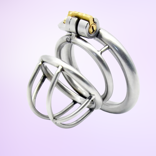 The Chaste Bird Small Cock Cage, this image shows the angled head, the single body ring ensuring the 50 mm length, which is attached to the base ring and held in place with he integral lock.