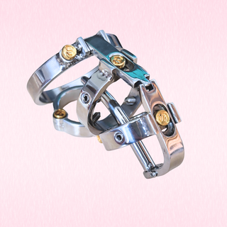 An angled view of the chastity cage, the ball encasement ring can be seen at the bottom