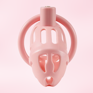 A front on view of The Sevanda Chastity Cage in pink, it is shown on a pink background