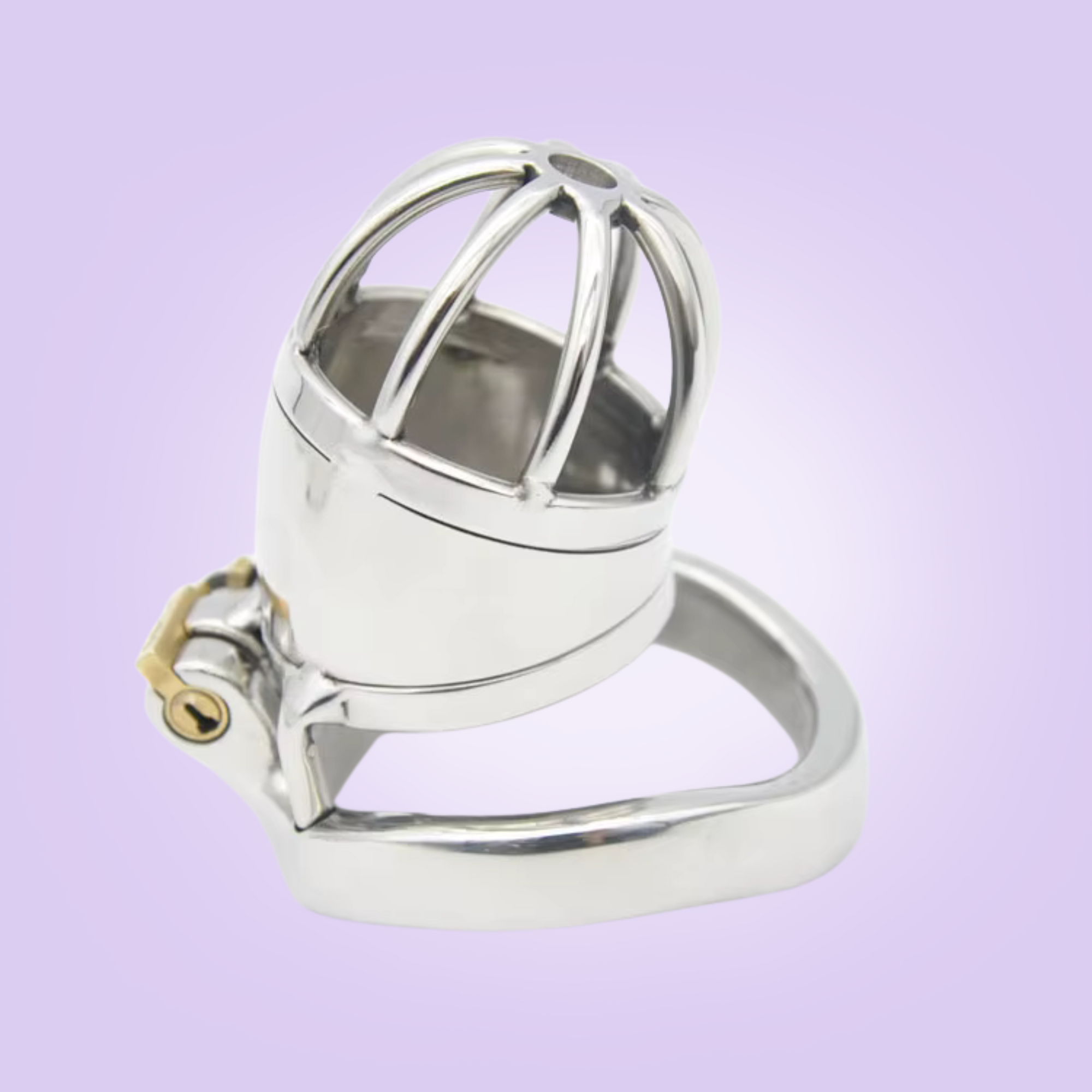 An alternate view of the Shaft Small, a  metal chastity cage with a solid shaft like centre and open bar work design to the end. The cage is shown connected to its base ring, which allows the integral lock to be fitted.