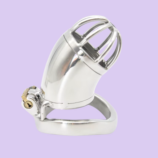 An alternate view of the The Shaft chastity cage, you can see the Bird Cage style open fretwork end to the cage.
