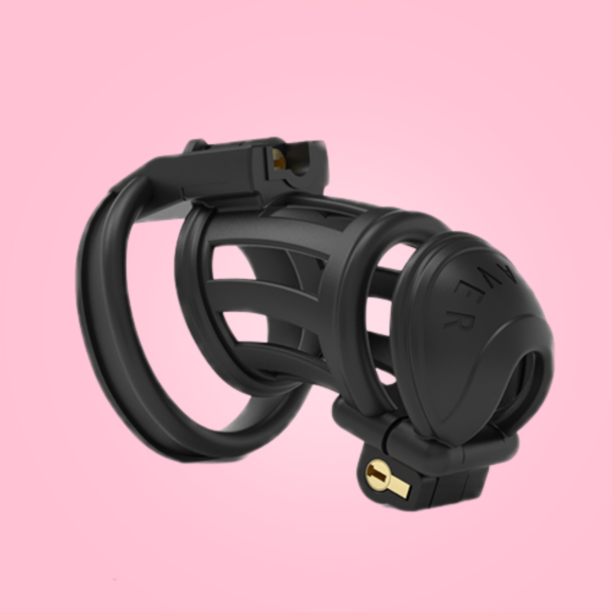 The Slaver Standard shown fully assembled from an angled view, you can see the double lock placement. This chastity cage comes with a selection of base rings.