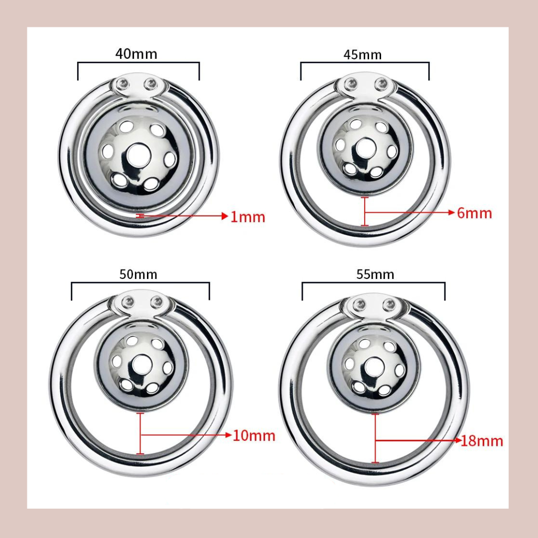 A diagram showing the full dimensions of the chastity cage.