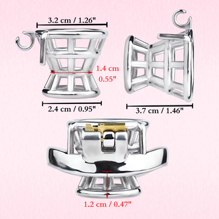 The chastity cage dimensions shown on a pink background