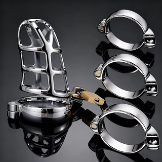 The Web chastity cage is shown fully assembled with the 3 base rings that are included in the kit on the right hand side of the image.