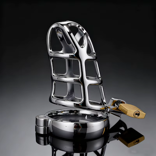 The Web chastity cage shown fully assembled sitting on its base ring with the chastity cage rising into the air.