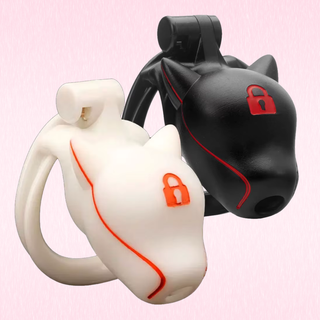 The Wolf Guard chastity cage shown in white and black, these are the two colour options shown on a pink background.
