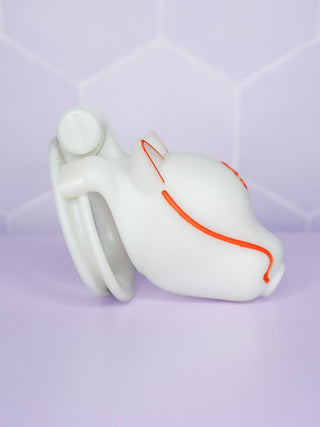 A side view of the fully assembled cock cage, the double cuff style base ring can be seen from this view.