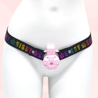 A close up of the Sissy Chastity Belt displayed on a mannequin, a chastity cage has been fitted, to show how it is worn.