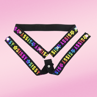 an image of the three point belt lying flat on a pink background