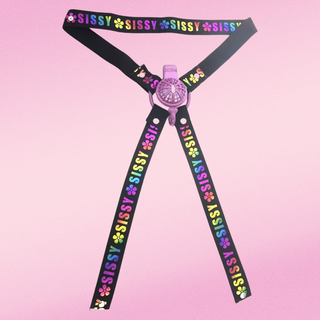 An image of the four point belt lying flat on a pink background