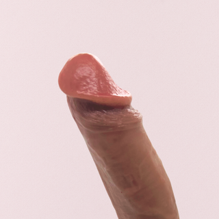 A close up of the Thruster dildo from House Of Chastity, you can see how realistically the head is shaped.