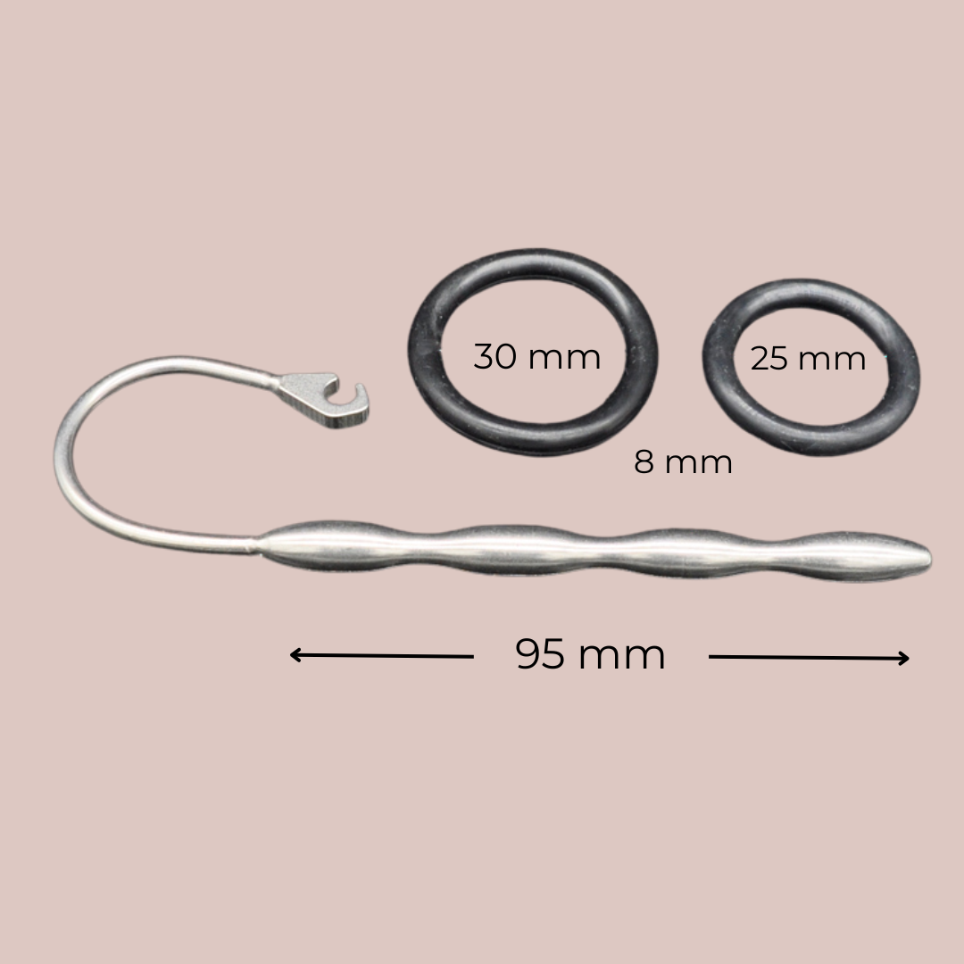 This image shows the dimensions of the Urethral Sound rod, the insertable length is 95 mm, the two rubber rings offer 25 mm and 30 mm insertable holes and the rings thickness is 8 mm 
