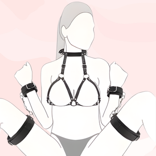 The chest harness and cuffs are shown being modelled.