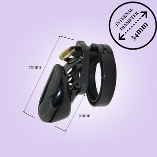 A diagram providing the dimensons of the HOC600 Small chastity cage.