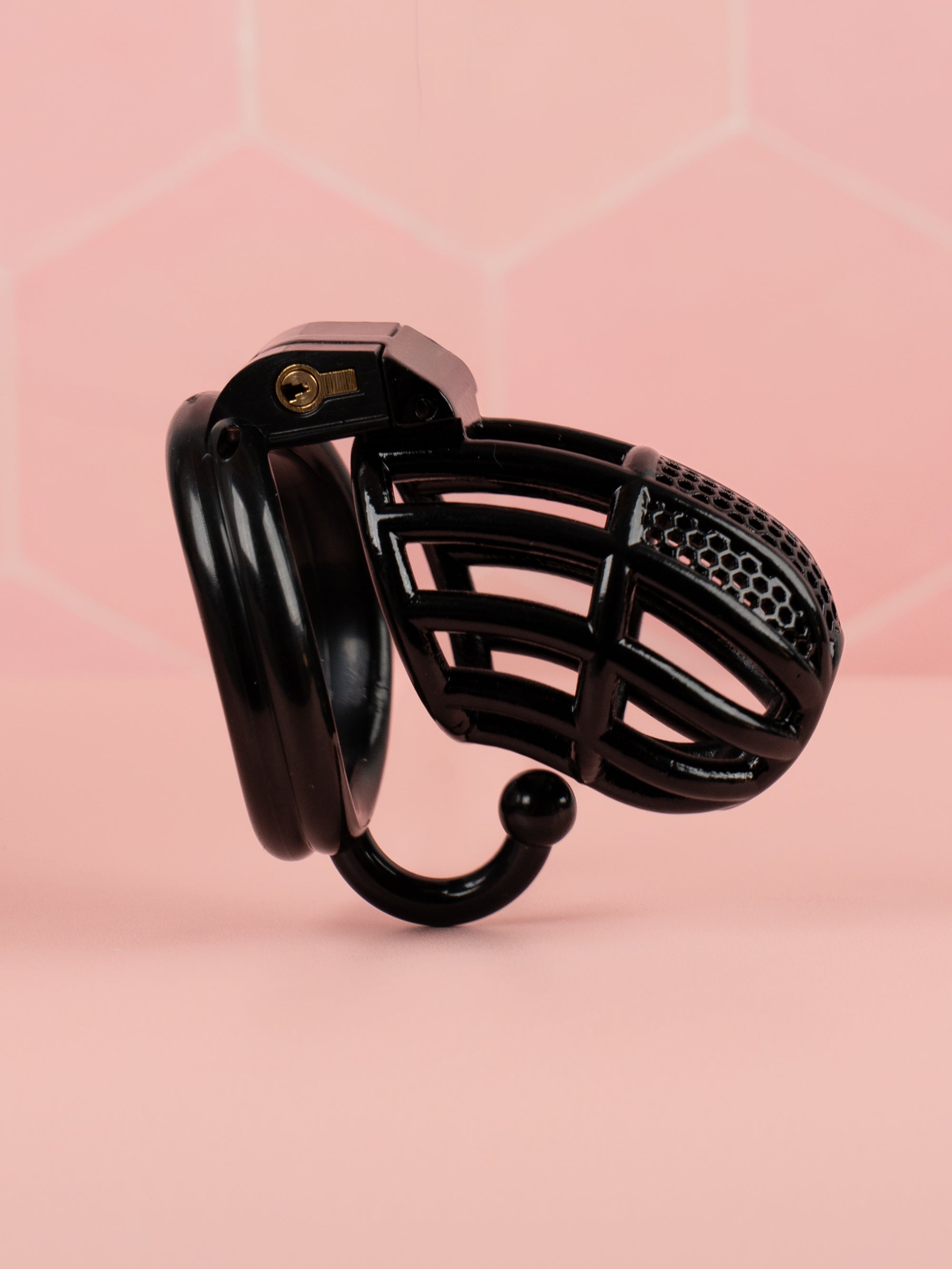 A side view of the fully assembled Detained Standard chastity cage