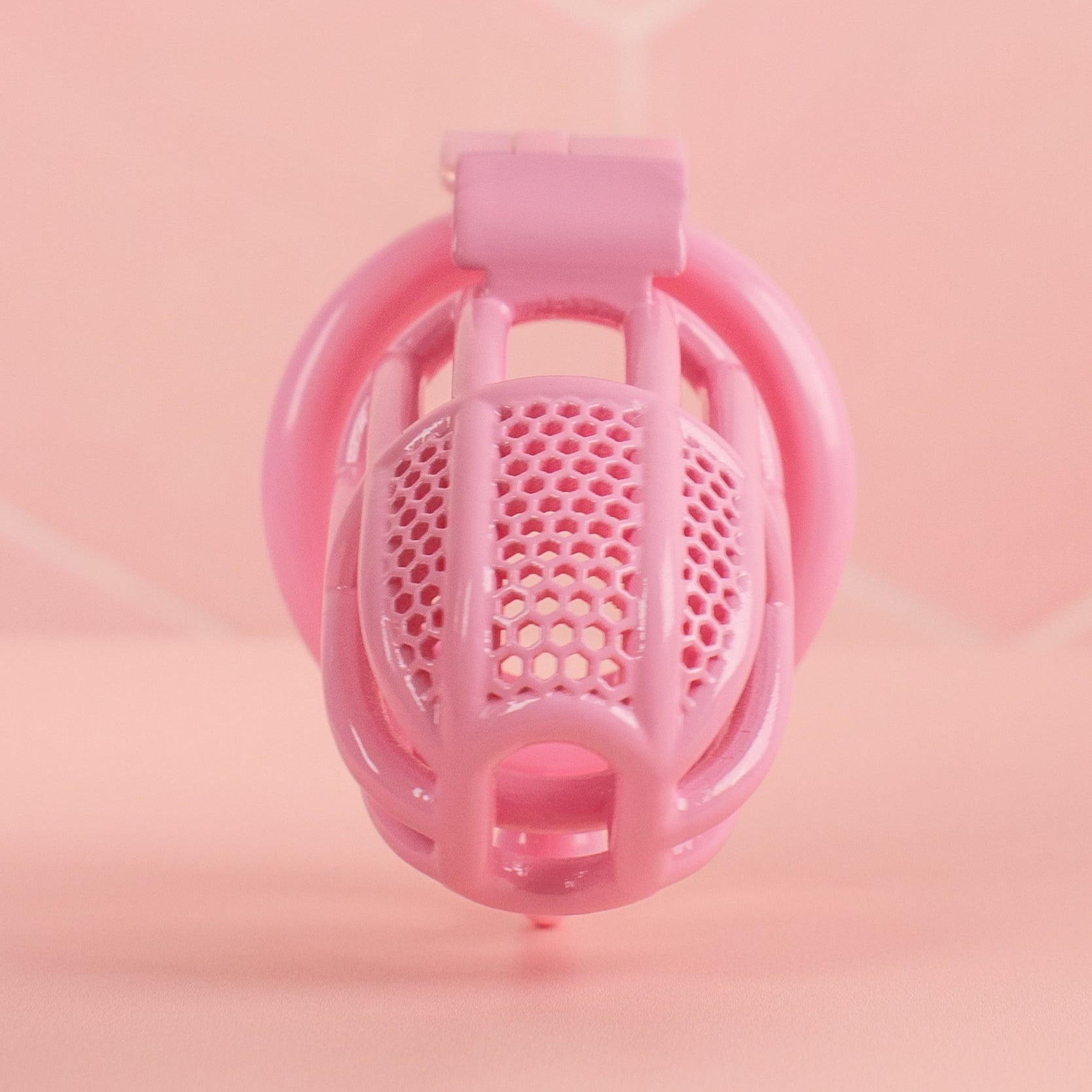 A front view of the chastity cage, you can see the the open end to allow for urination and the open design allows for cleaning.