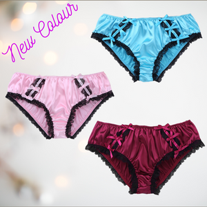 Adult knickers for men, sissy, lgbt, unisex. Made in pink, blue or wine satin with black lace detailing to the legs and panels on each side. There are also matching satin bows prettily applied. 