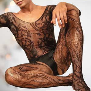 A black lace look crotchless  bodystocking from House Of Chastity