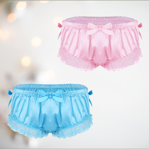 Baby Pink and Baby Blue Satin bloomer style short panties from House Of Chastity.