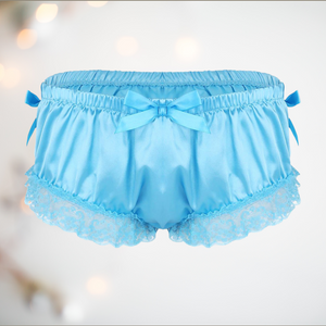 The baby blue satin bloomer short style panties from House Of Chastity.