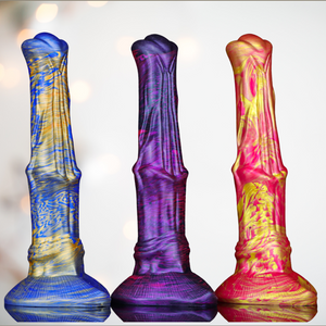 Showing the three different coloured Horse Dildos available at House Of Chastity, from left to right are blue/gold, purple/pink and pink/gold.