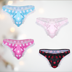 Showing all colours available of the soft satin men's female style knickers. They have a cute spot pattern on the fabric, white lace edging to the legs and a thong style back.
