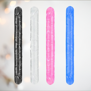 All four colours available of the double ended jelly dildo. From left to right they are black, transparent, pink and blue.