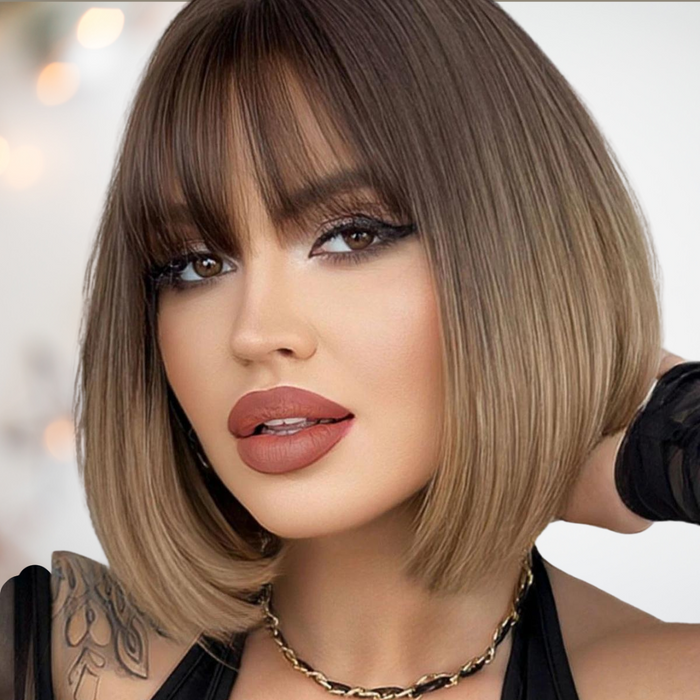 HOC3103 Brown Bob Wig With Straight Fringe