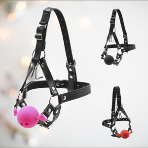 Showing the three colours of ball gag for the head harness with nose pull gag. The balls come in 3 different sizes,