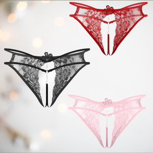 Showing the three different colours of open crotch panties, from top to bottom is the red, black and pink. Due to open crotch, you can see the diamanté g-string.