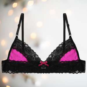 Sized for men to wear, this is a deep pink bralette that has deep pink cups with black lace edging to the top of the cup and a band of black  lace that runs from front to back at the bottom of the bra. It has two adjustable thin black straps and fastens at the back.