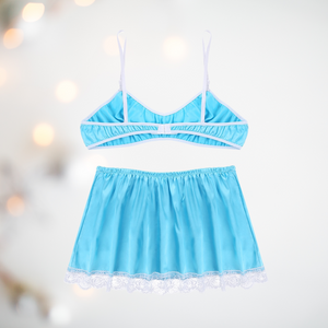 A pretty bra and petticoat set for men, the bra comes in satin baby blue with a lace decoration to the cups, thin white bra straps and a matching satin above knee petticoat with white lace edging detail and matching white satin bow detail. 