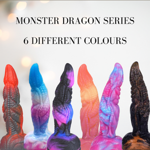 Showing the full colour range of Monster Dragon series dildo's that we offer. 6 different colours on offer.
