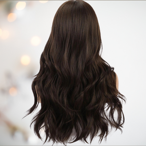 The back view of our dark brown long length wig, you can see that it has been styled with gorgeous waves.