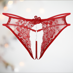 A close up of the red Open Front Floral Lace G-String from House Of Chastity, they are shown flat.